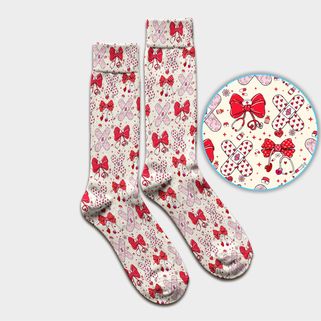 Valentine Nurse Red Bow Heart Bandage Socks