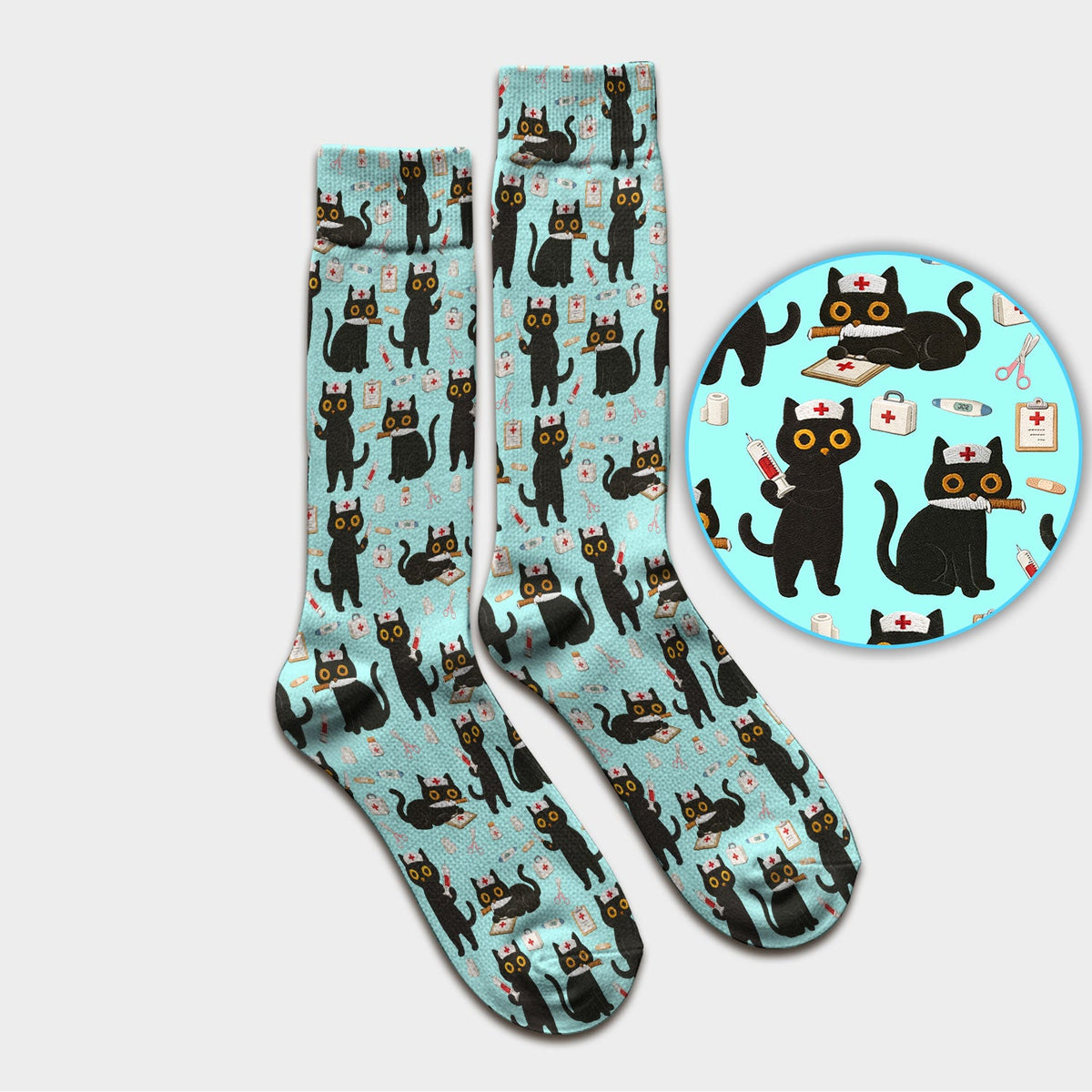 Cute Teal Black Cat Nurse Socks