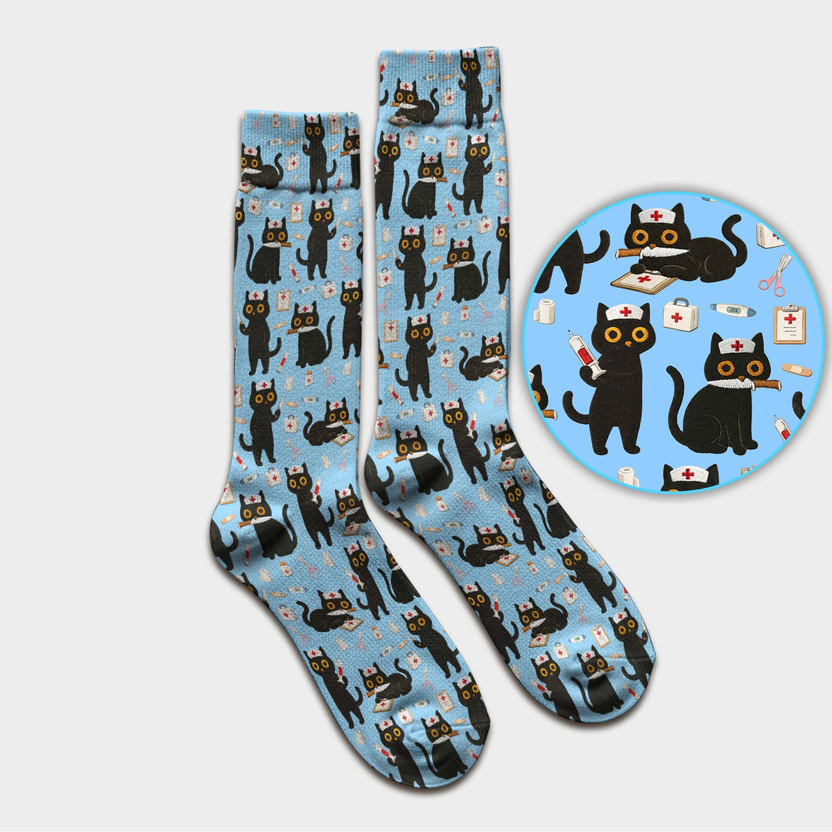 Cute Teal Black Cat Nurse Socks