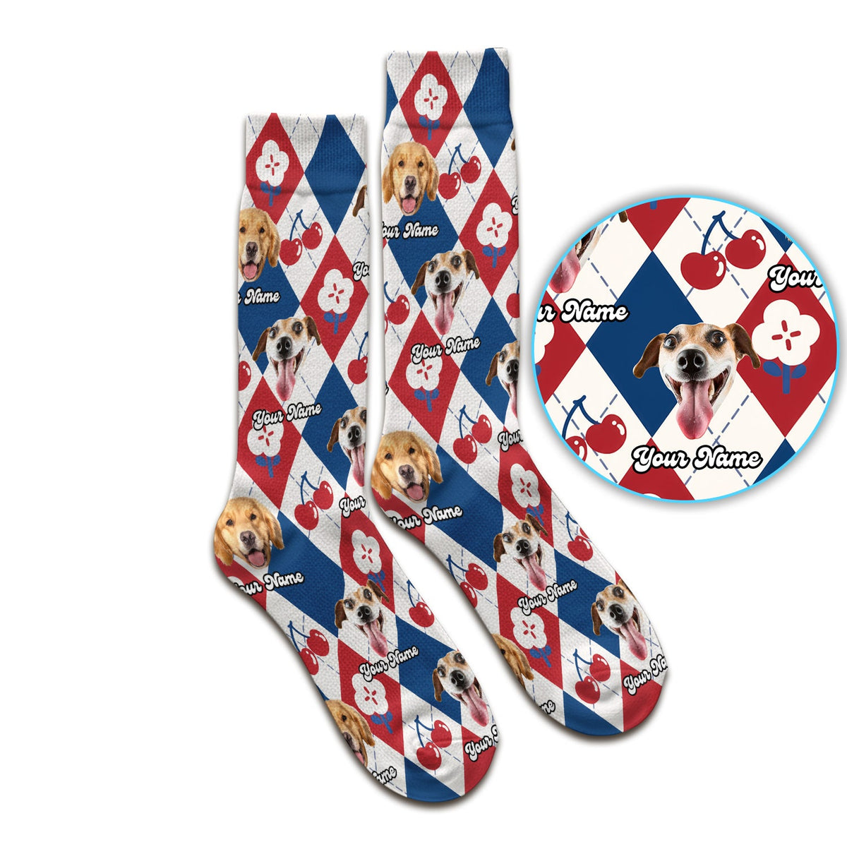 Dog Face Cherry Argyle Nurse Socks