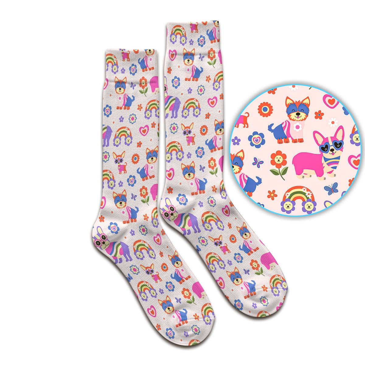 Colorful Cartoon Dogs Rainbow Flowers Nurse Socks
