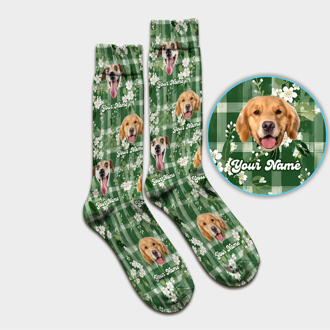 Dog Face Green Plaid Floral Nurse Socks