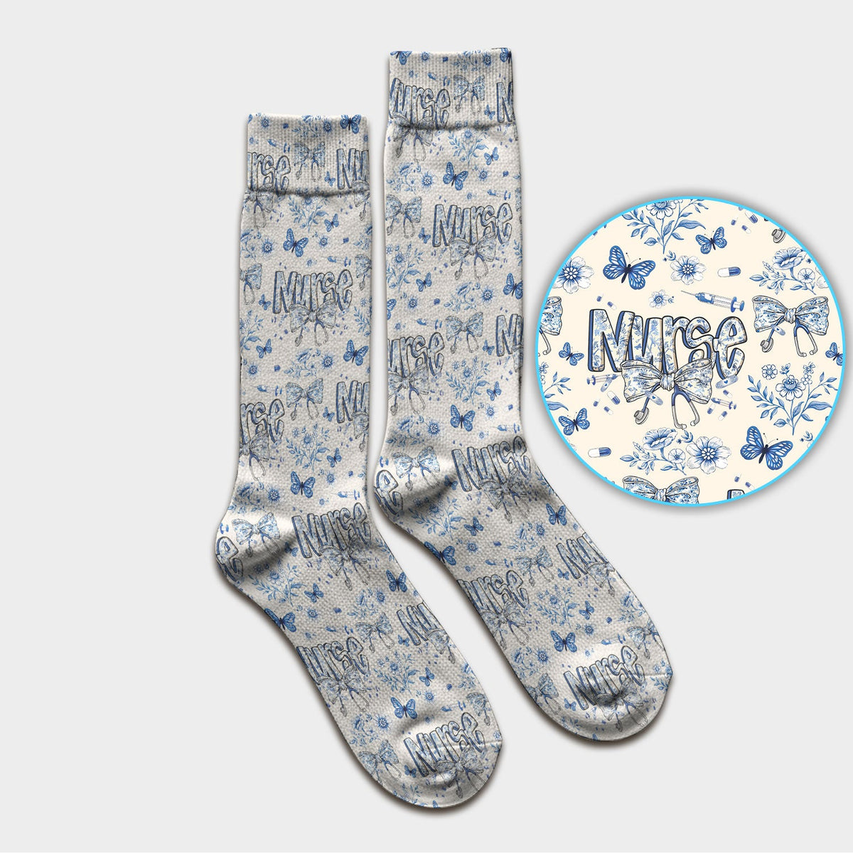 Blue Nurse Bow Butterfly Floral Socks