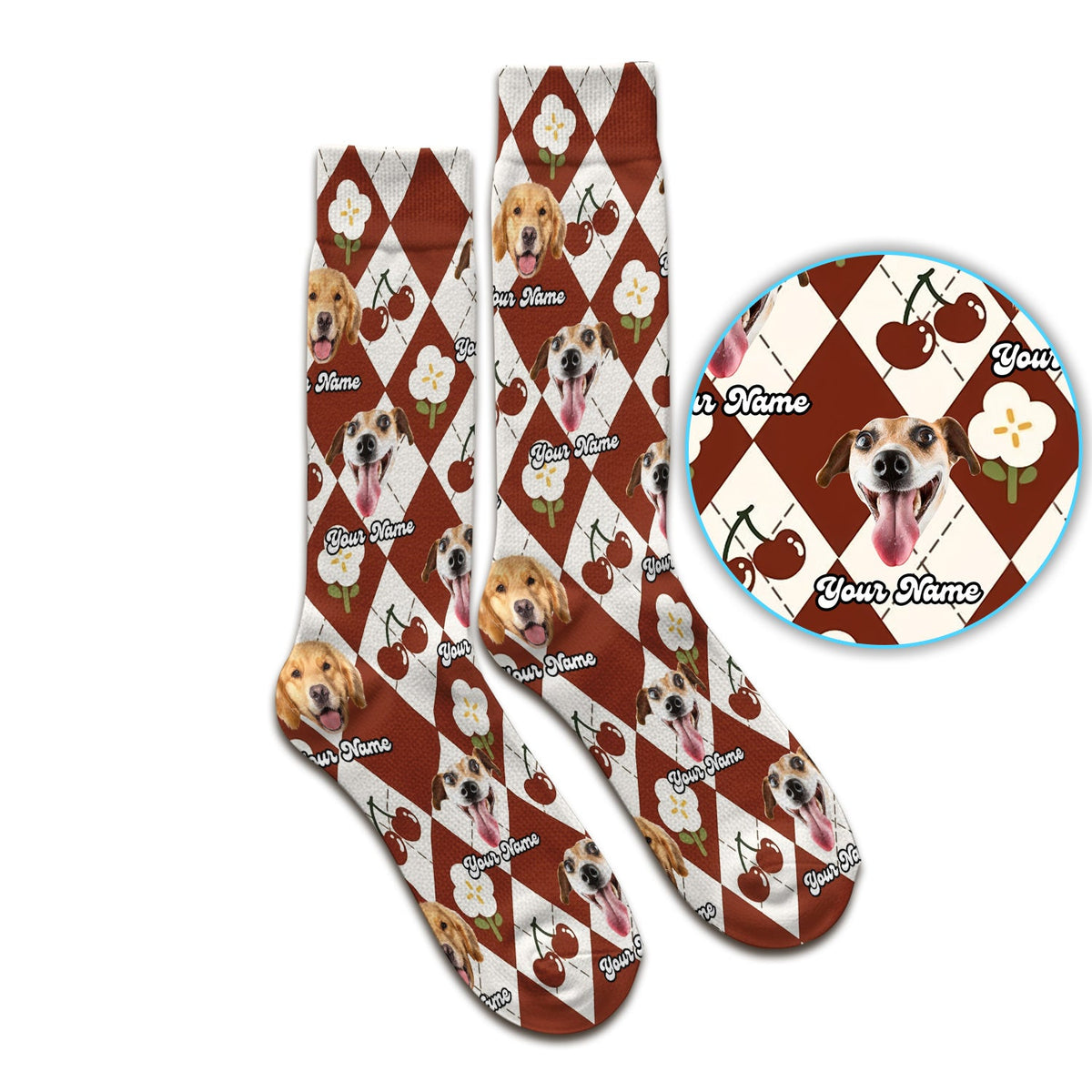 Dog Face Cherry Argyle Nurse Socks