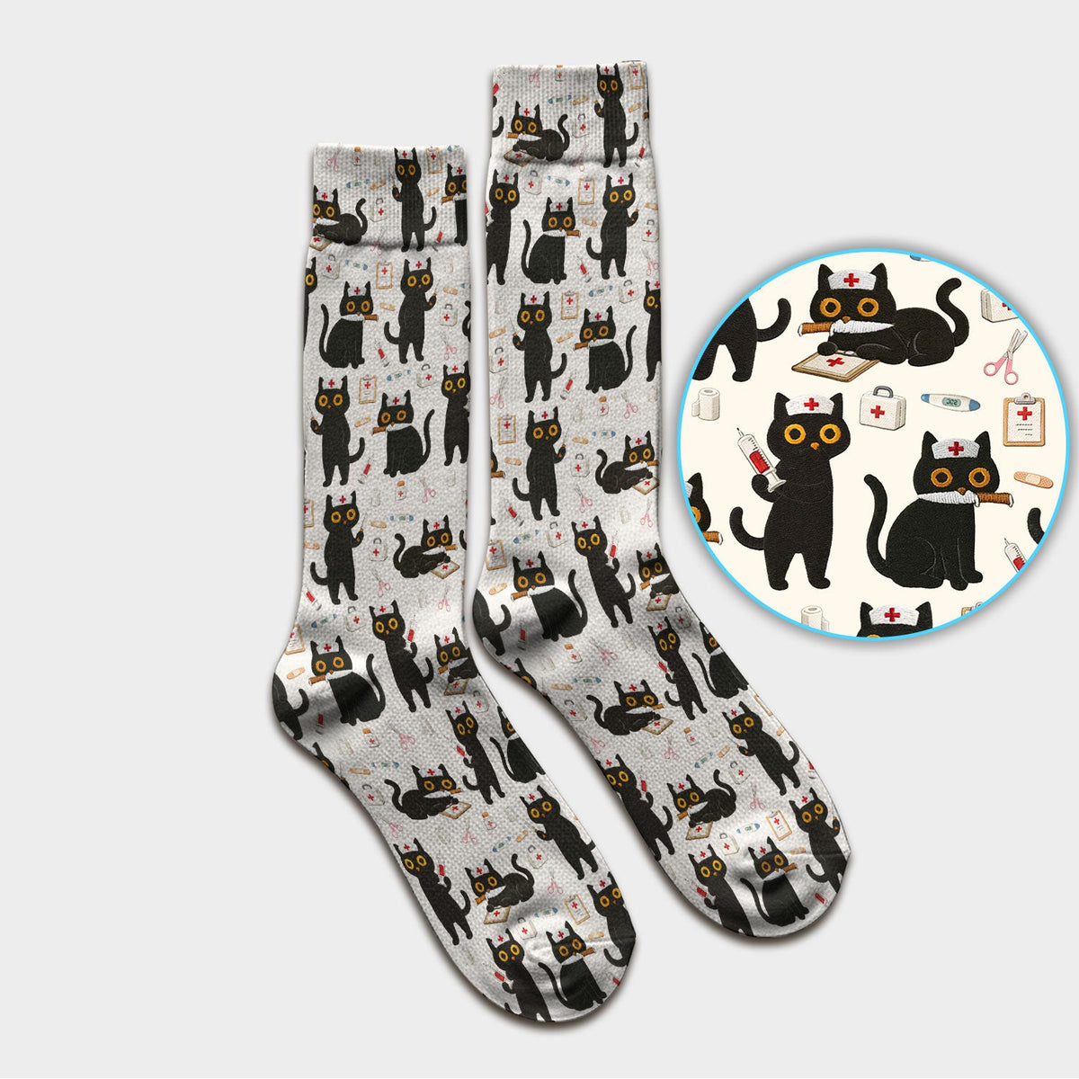 Cute Teal Black Cat Nurse Socks