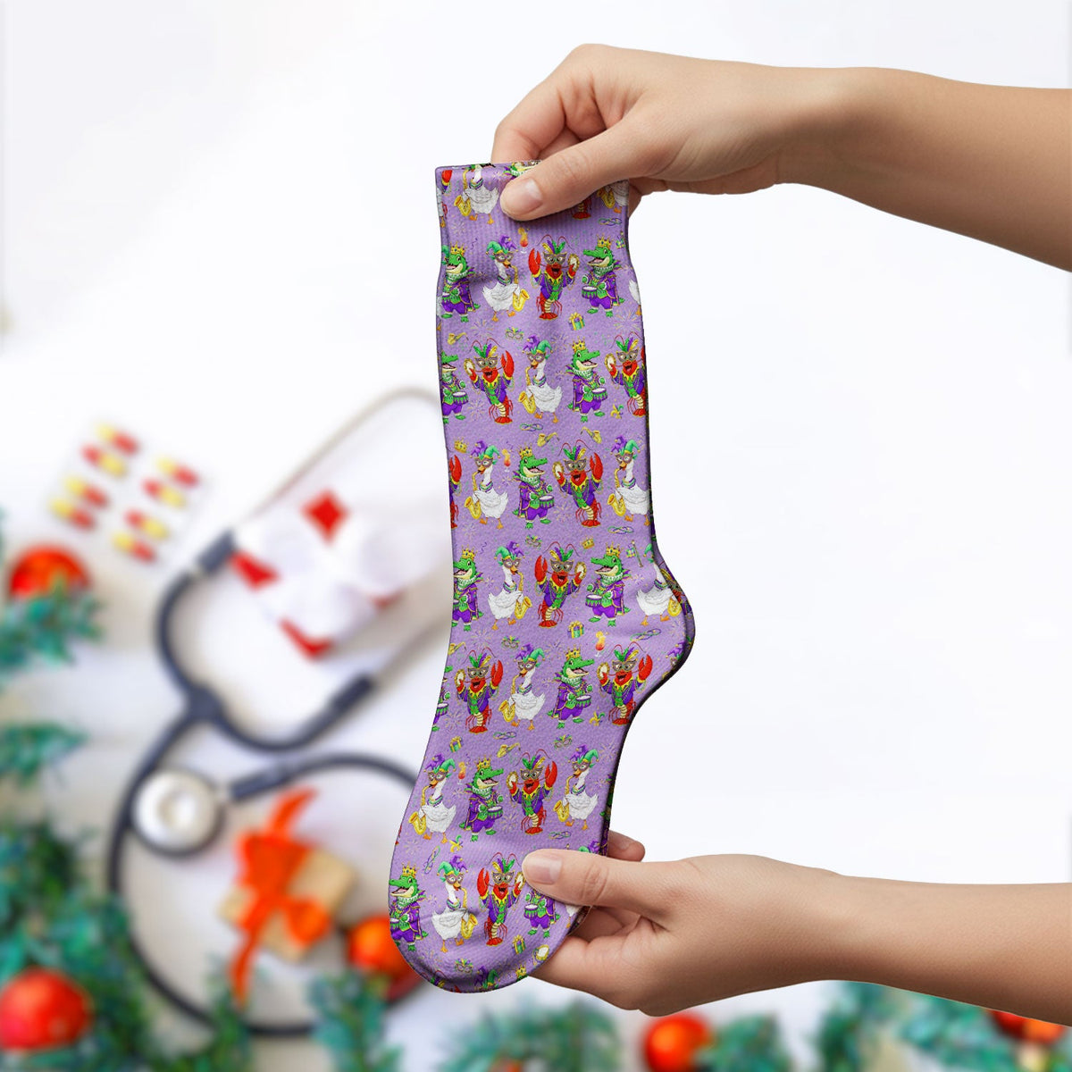 Crawfish Duck Mardi Gras Nurse Socks
