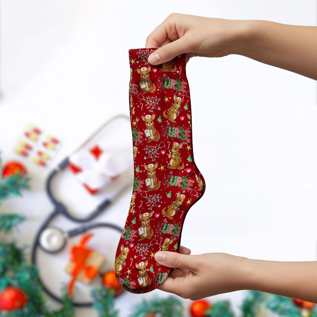 Aussie Kangaroo Christmas Socks for Nurse Doctor - Funny Holiday Adult Socks for Men and Women - Breathable Fabrics Medical Uniform