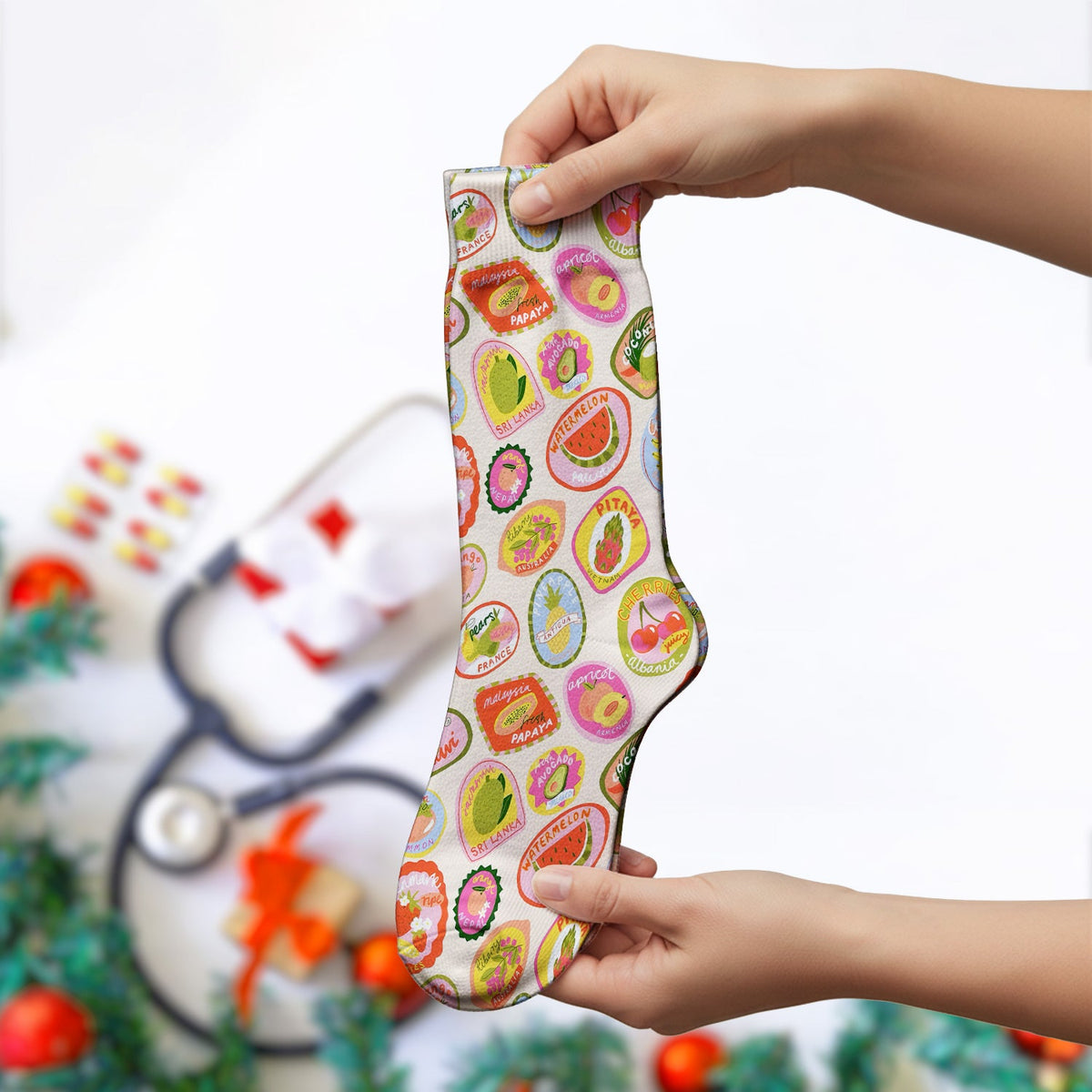 Summer Colorful Fruit Sticker Nurse Socks