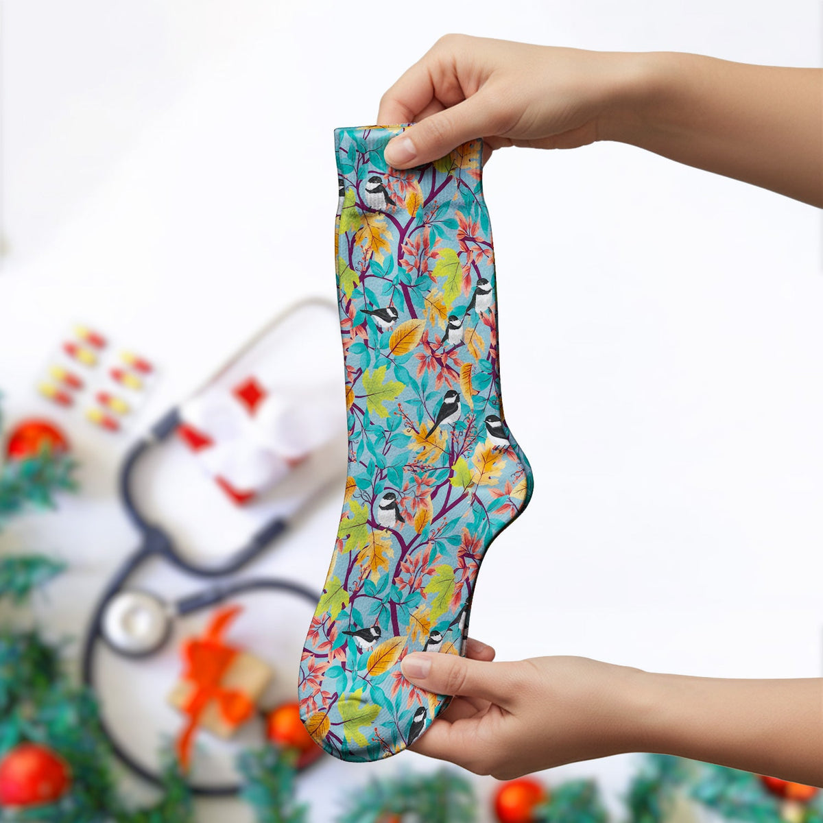 Autumn Leaf Chickadee Bird Nurse Socks