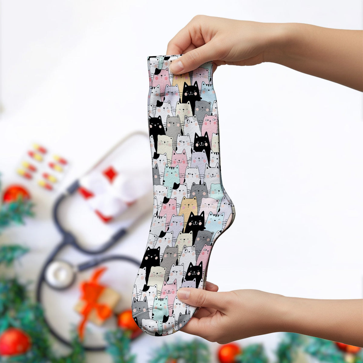 Cartoon Cat Crowd Nurse Socks