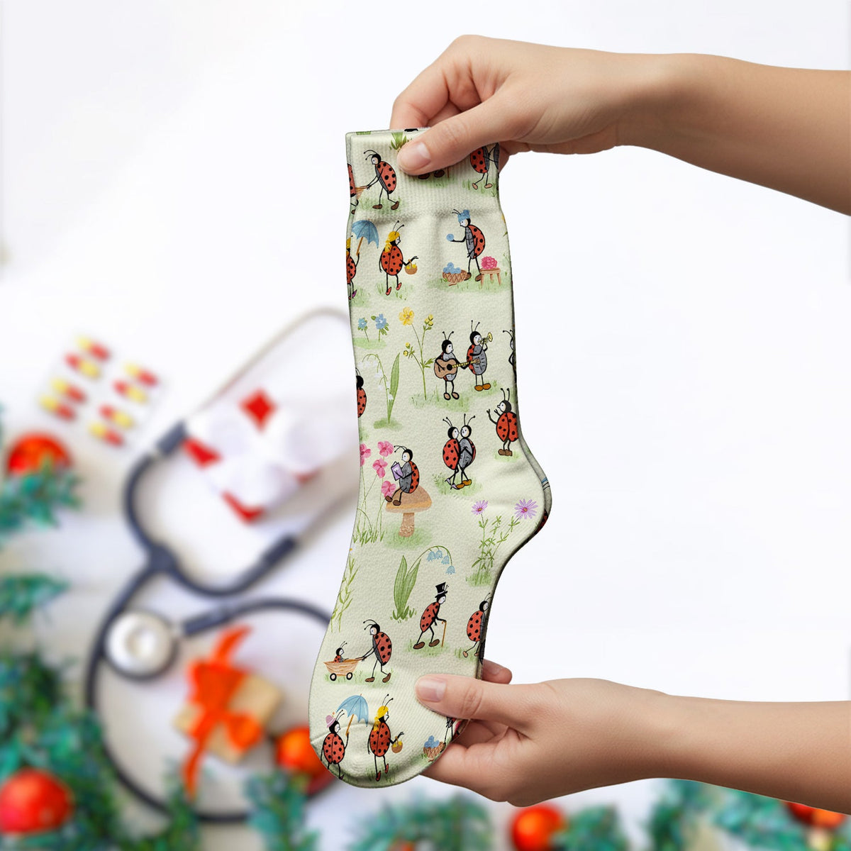 Whimsical Ladybug Garden Activity Nurse Socks