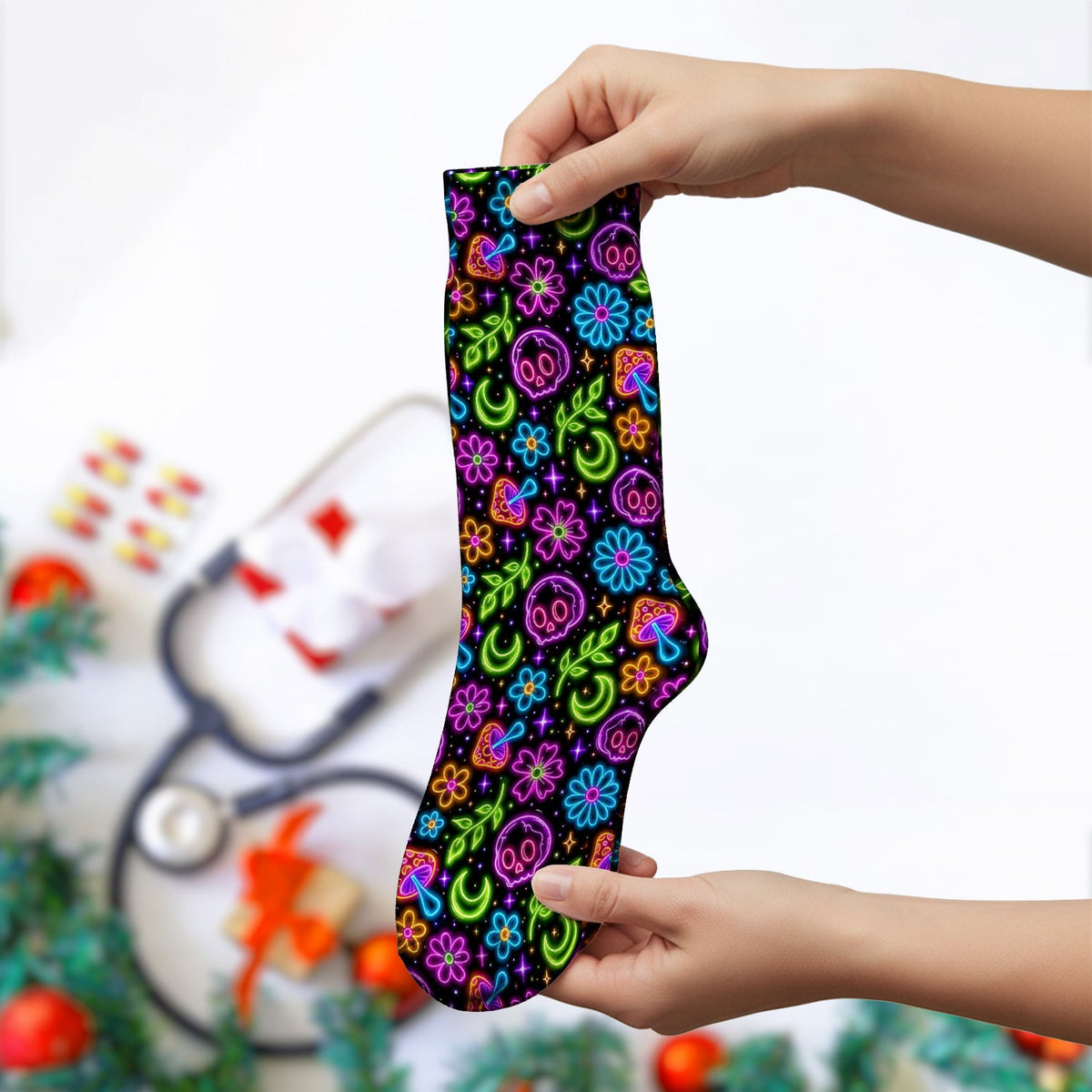 Neon Skull Mushroom Floral Nurse Socks
