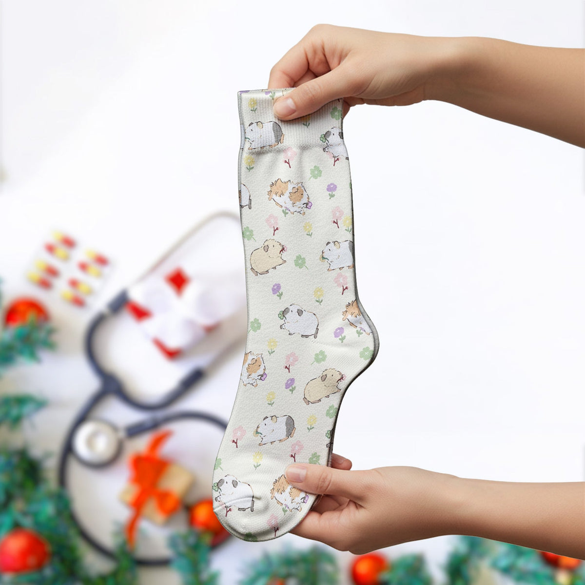 Cozy Guinea Pig Floral Doodle Nurse Socks