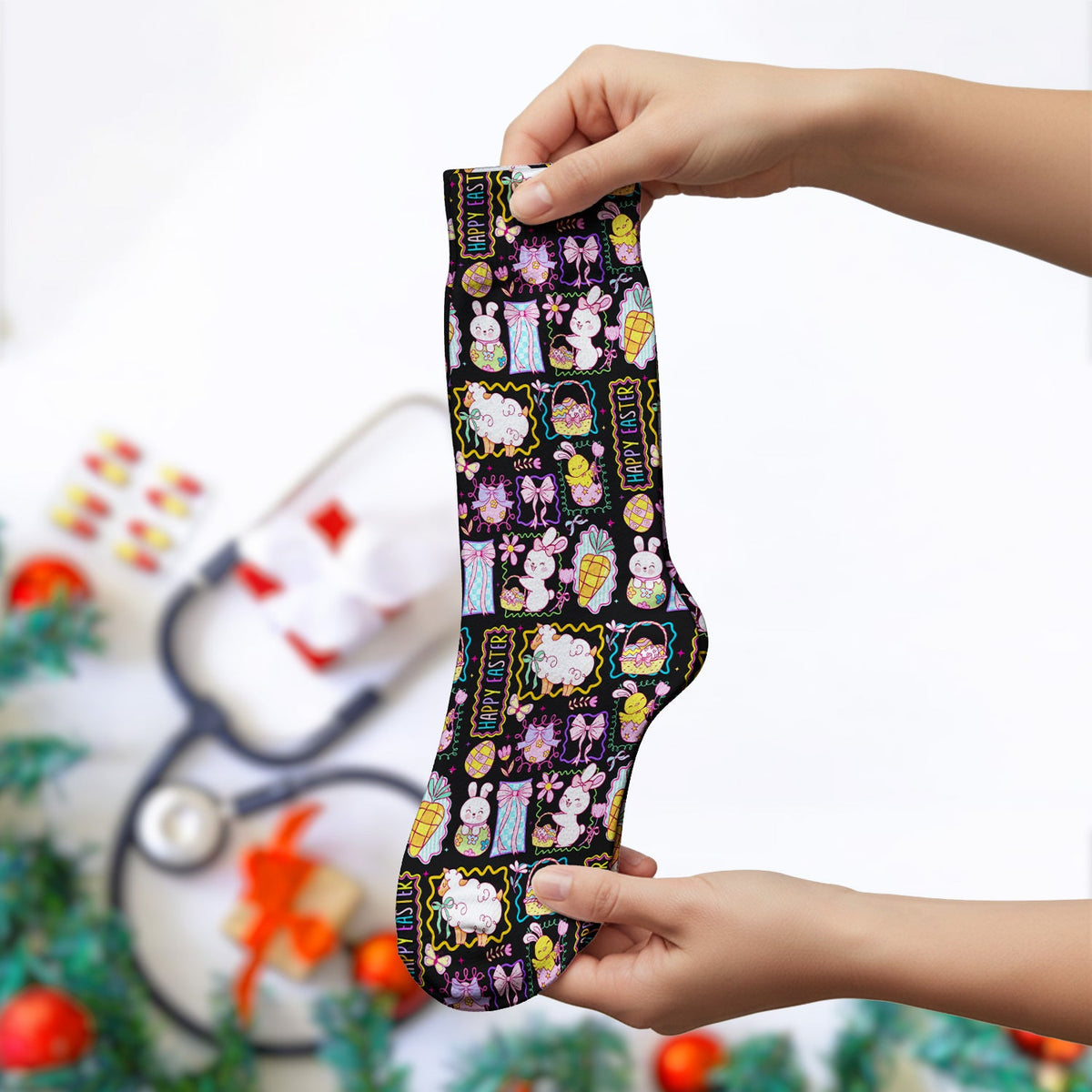 Bunny Egg Bow Nurse Socks - Easter Gift