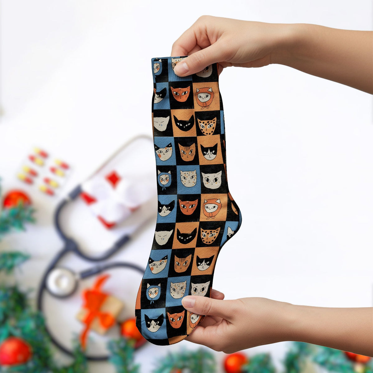 Retro Cat Checkerboard Nurse Socks