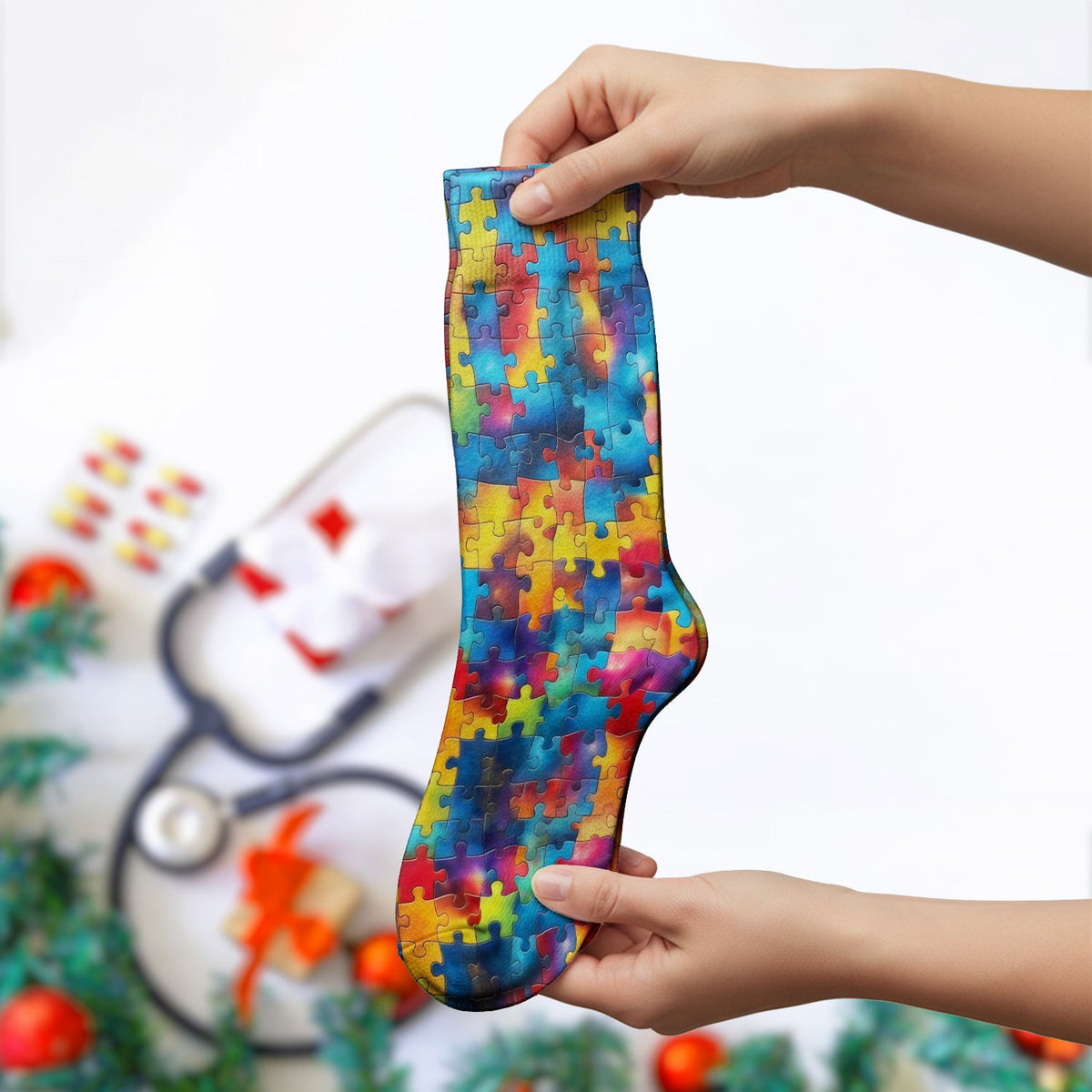 Rainbow Puzzle Piece Nurse Socks