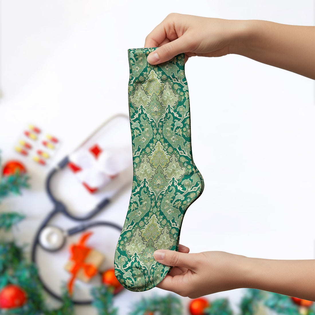 Green Vintage Damask Ornamental Nurse Socks