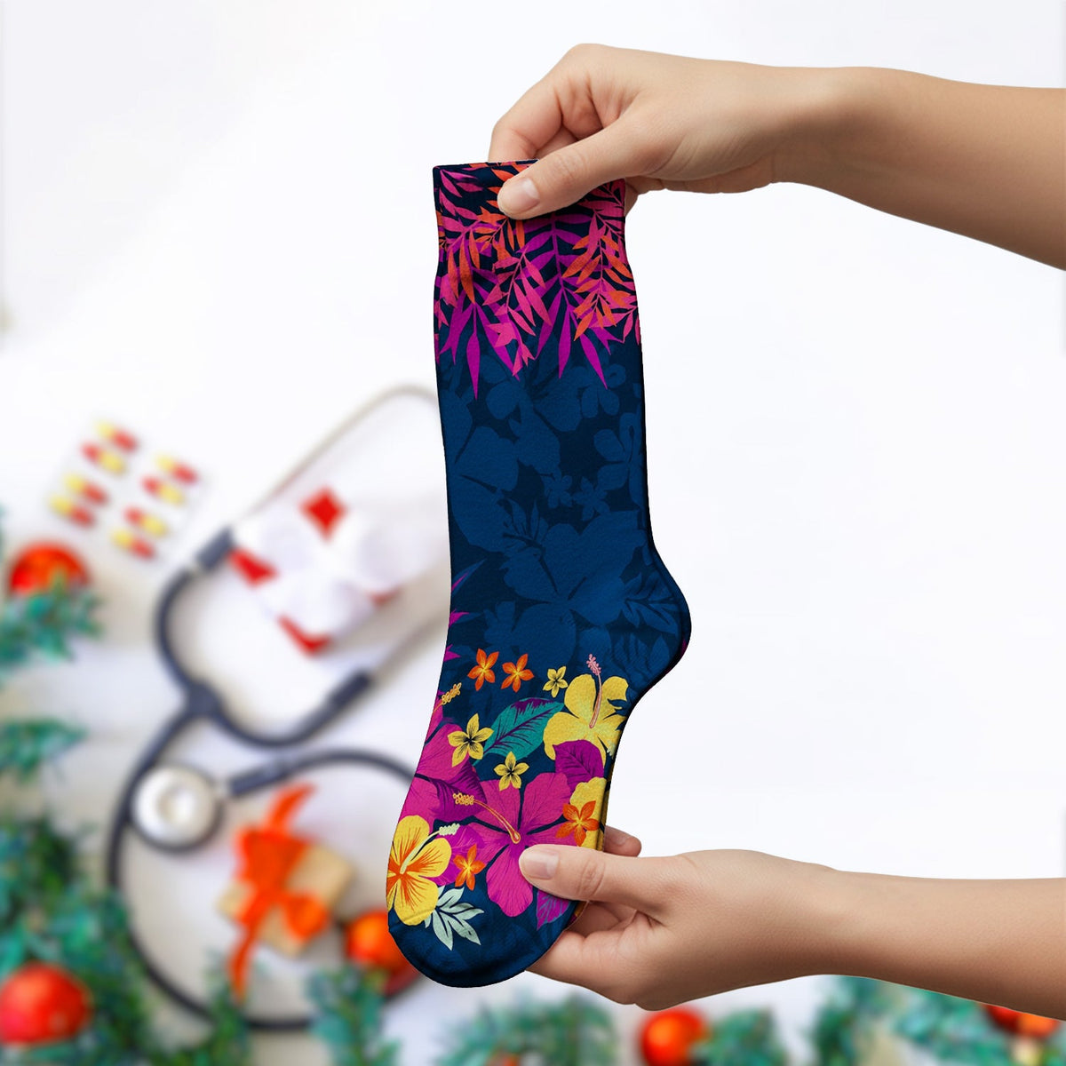 Tropical Hibiscus Palm Leaf Nurse Socks