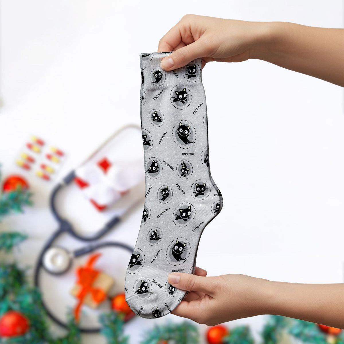 Black Cat Meow Nurse Socks