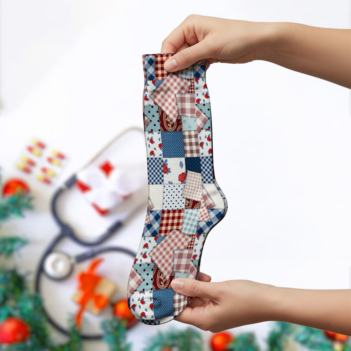 Retro Patchwork Plaid Quilt Nurse Socks