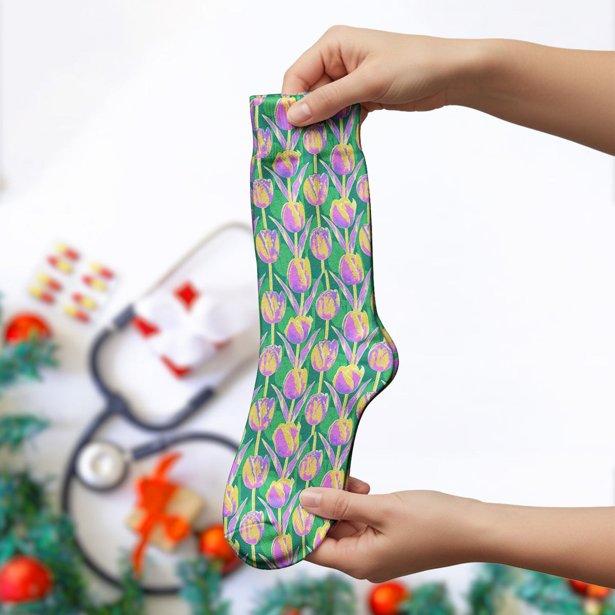 Colorful Tulip Floral Nurse Socks