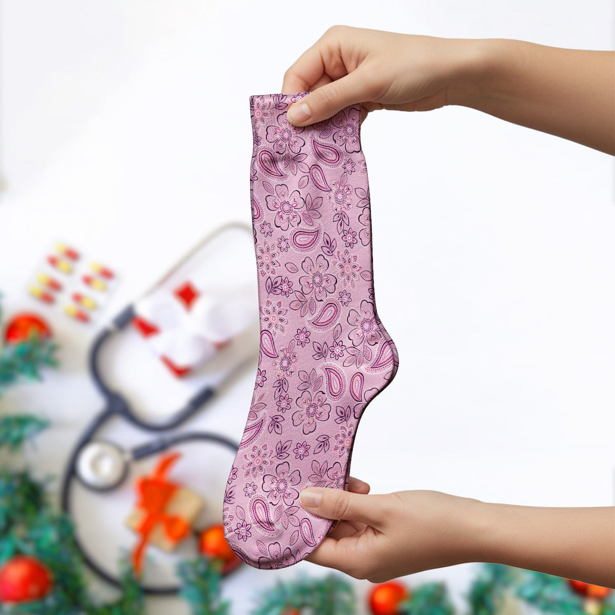 Pink Paisley Floral Nurse Socks