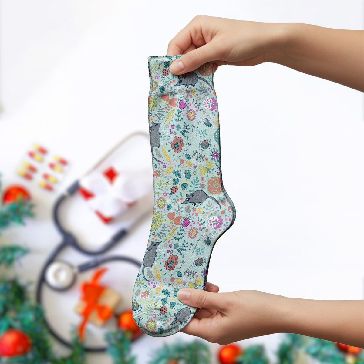 Woodland Mouse Floral Nurse Socks