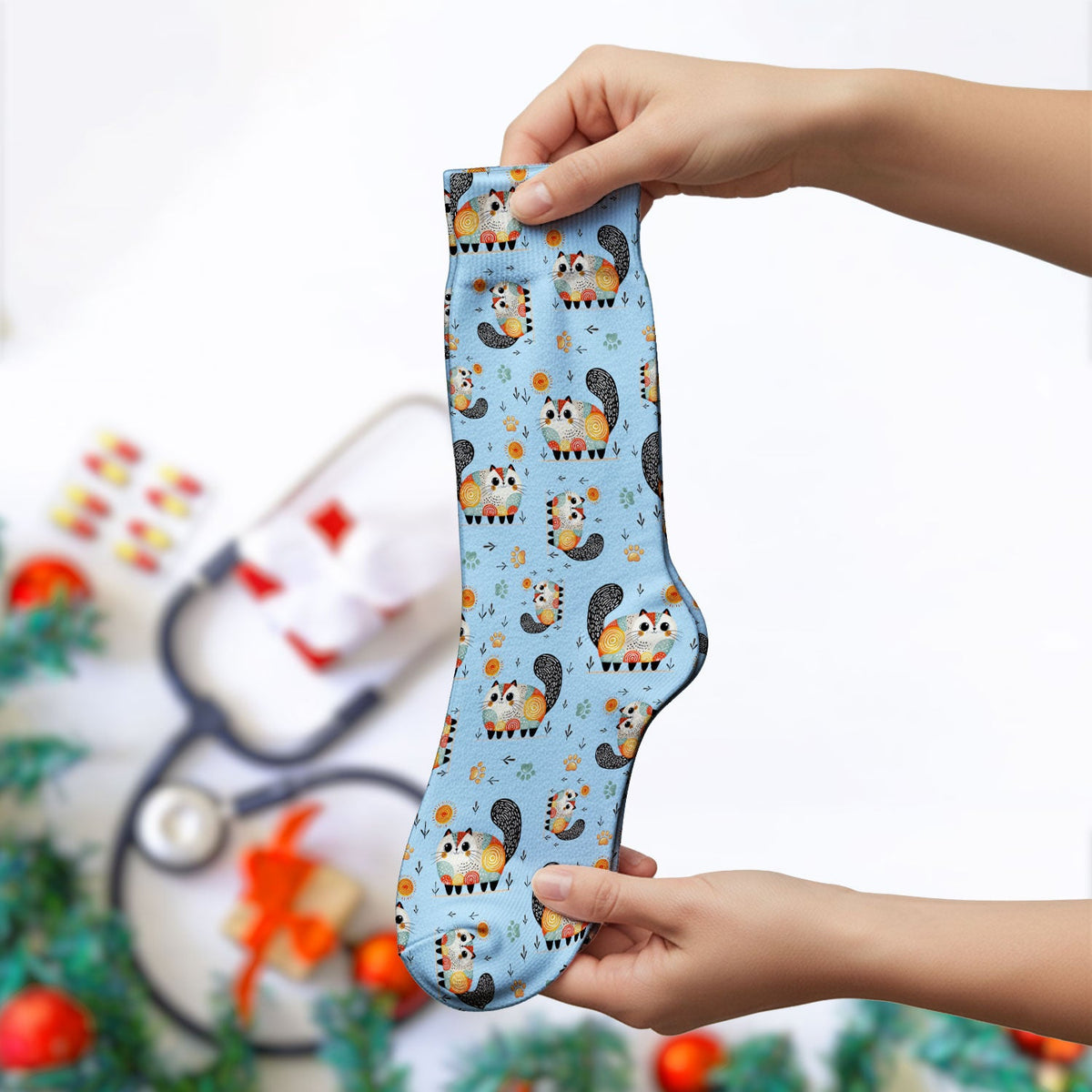 Playful Cat Illustration Medical Socks, Socks for Nurse Doctor