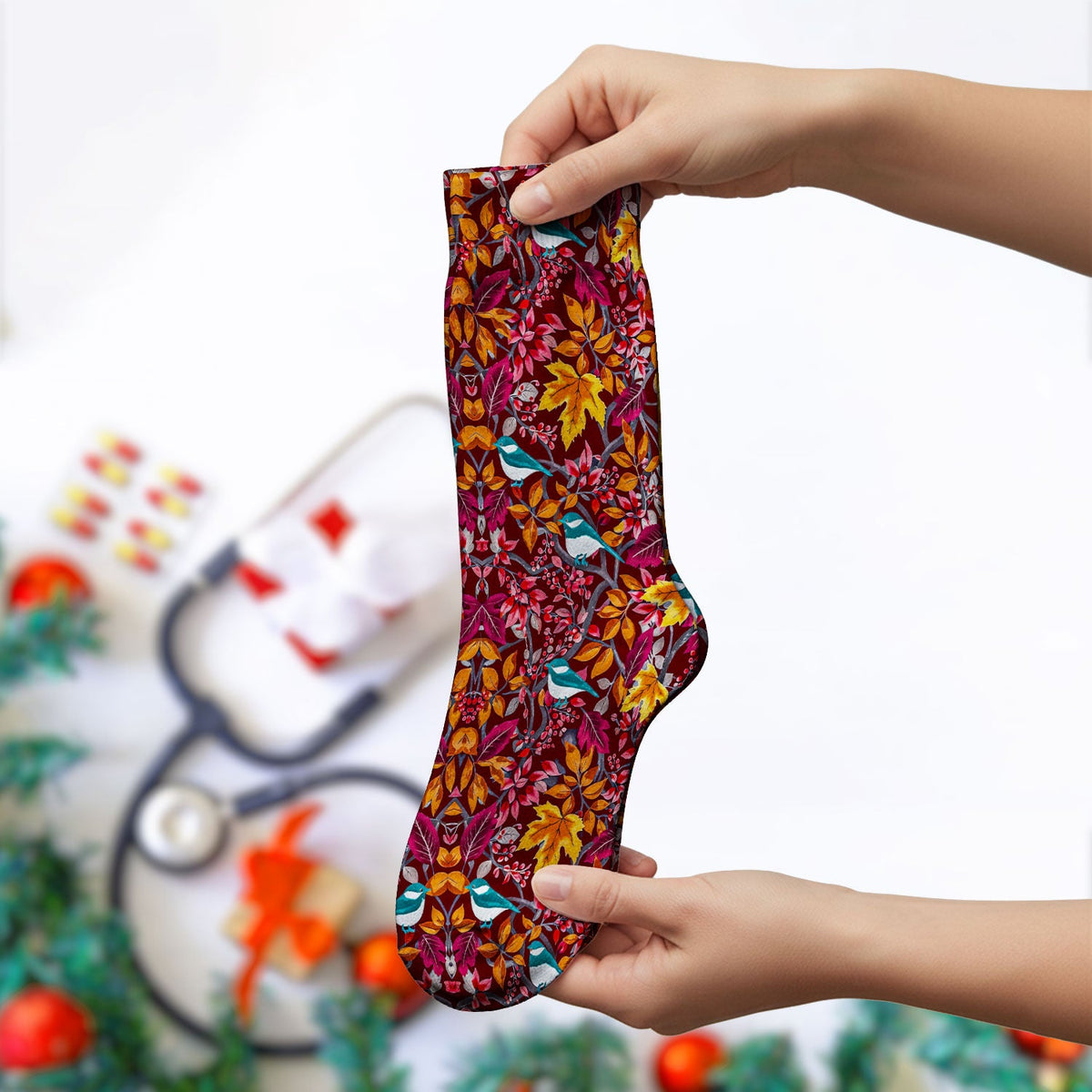 Autumn Leaves Blue Bird Nurse Socks
