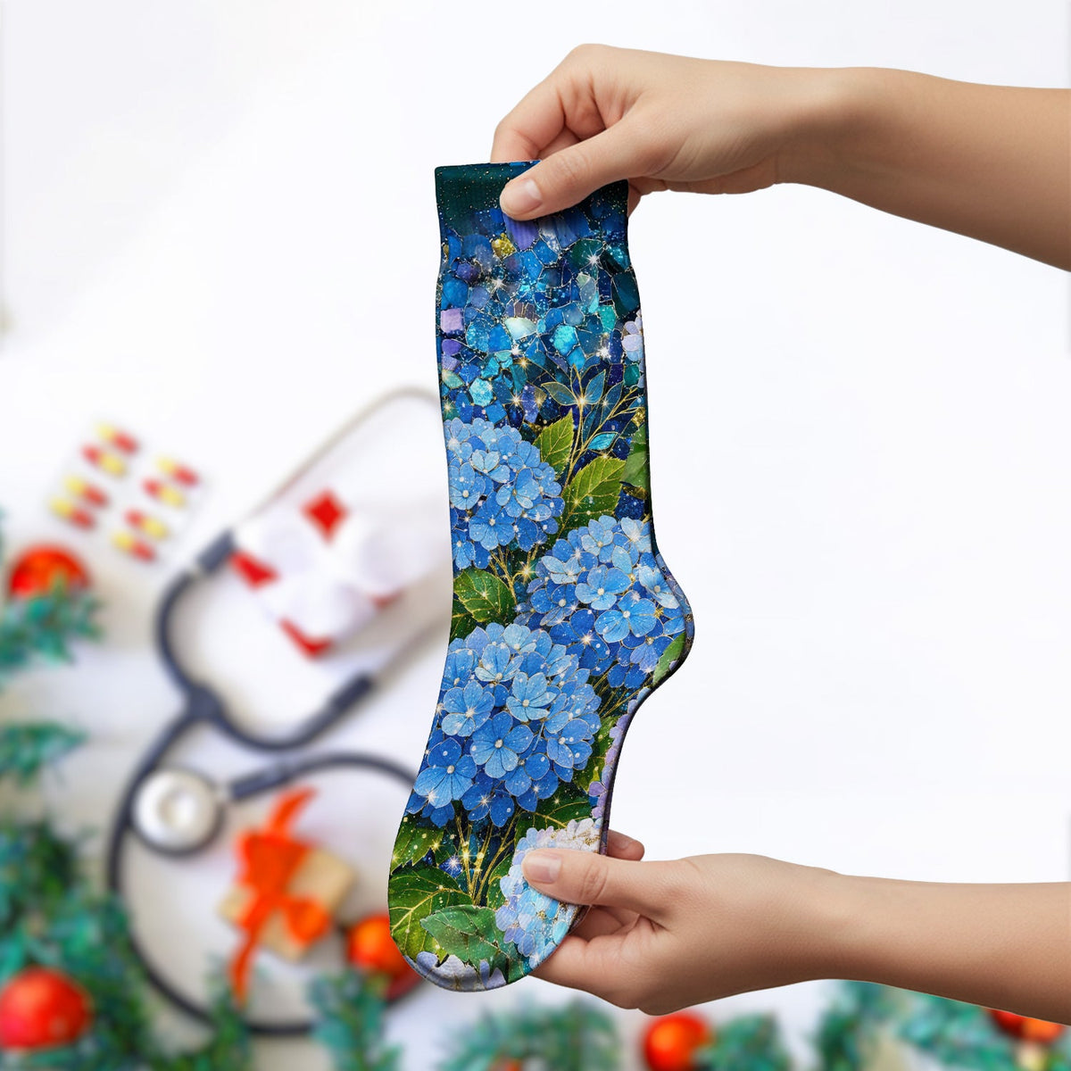 Blue Hydrangea Floral Nurse Socks