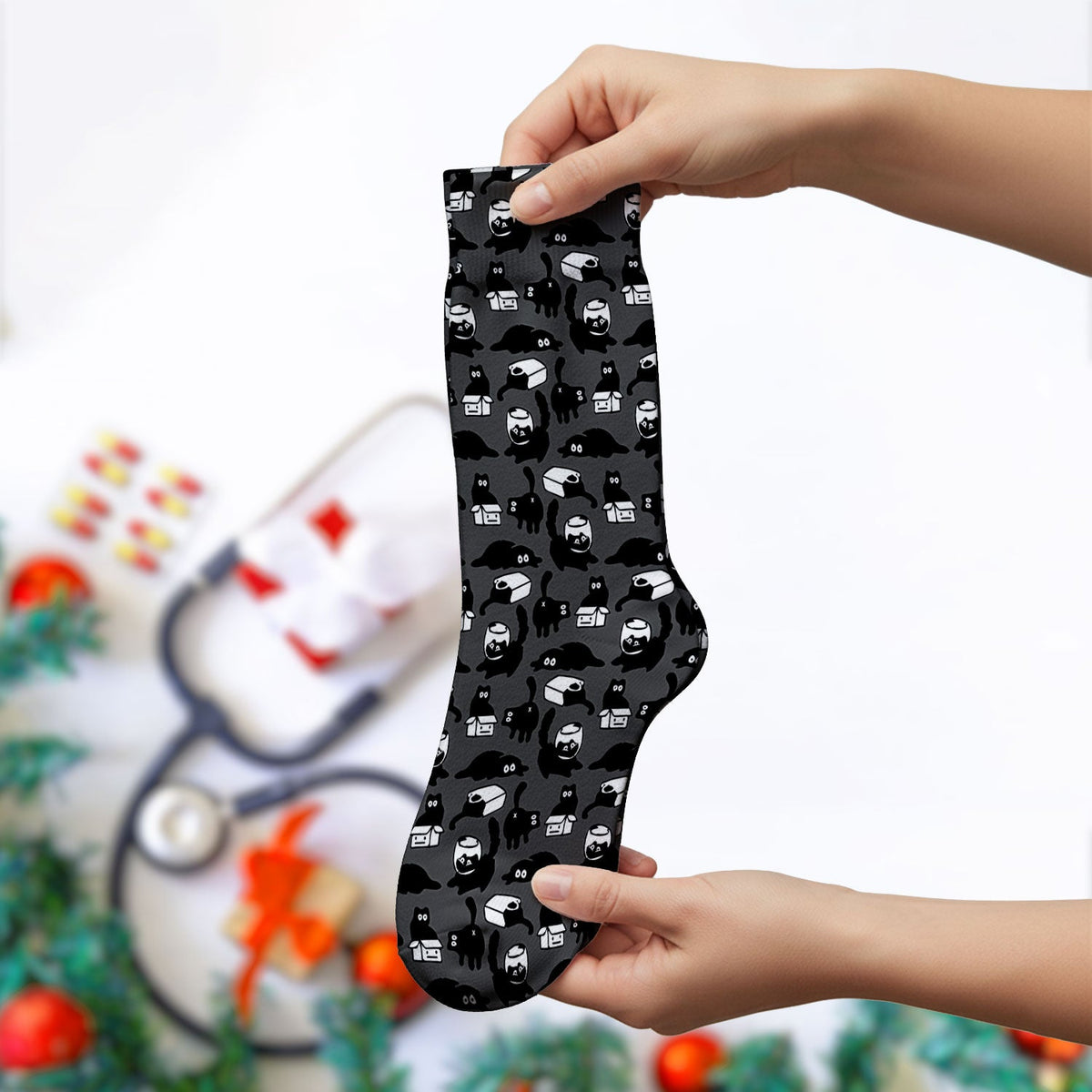 Dark Playful Cat Nurse Socks