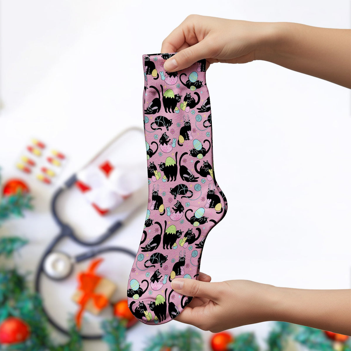 Black Cat Egg Nurse Socks - Easter Gift