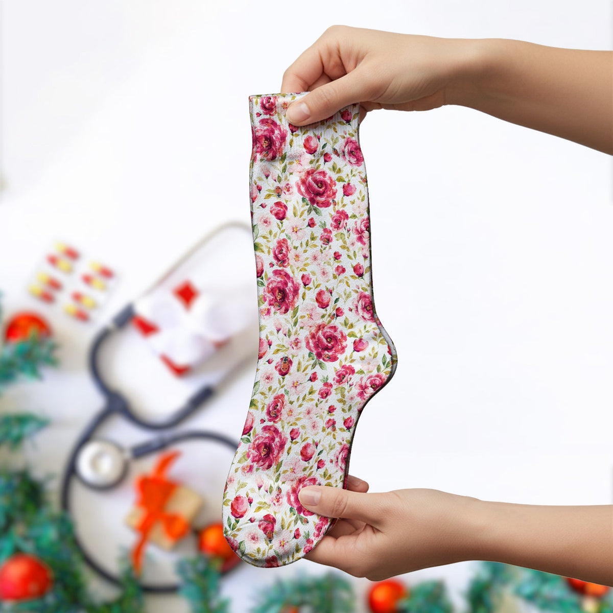 Pink Rose Ladybug Garden Nurse Socks