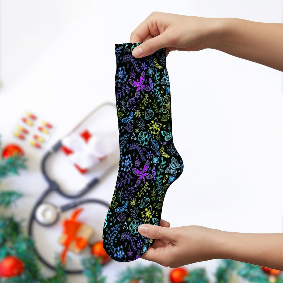 Neon Butterfly Floral Garden Nurse Socks
