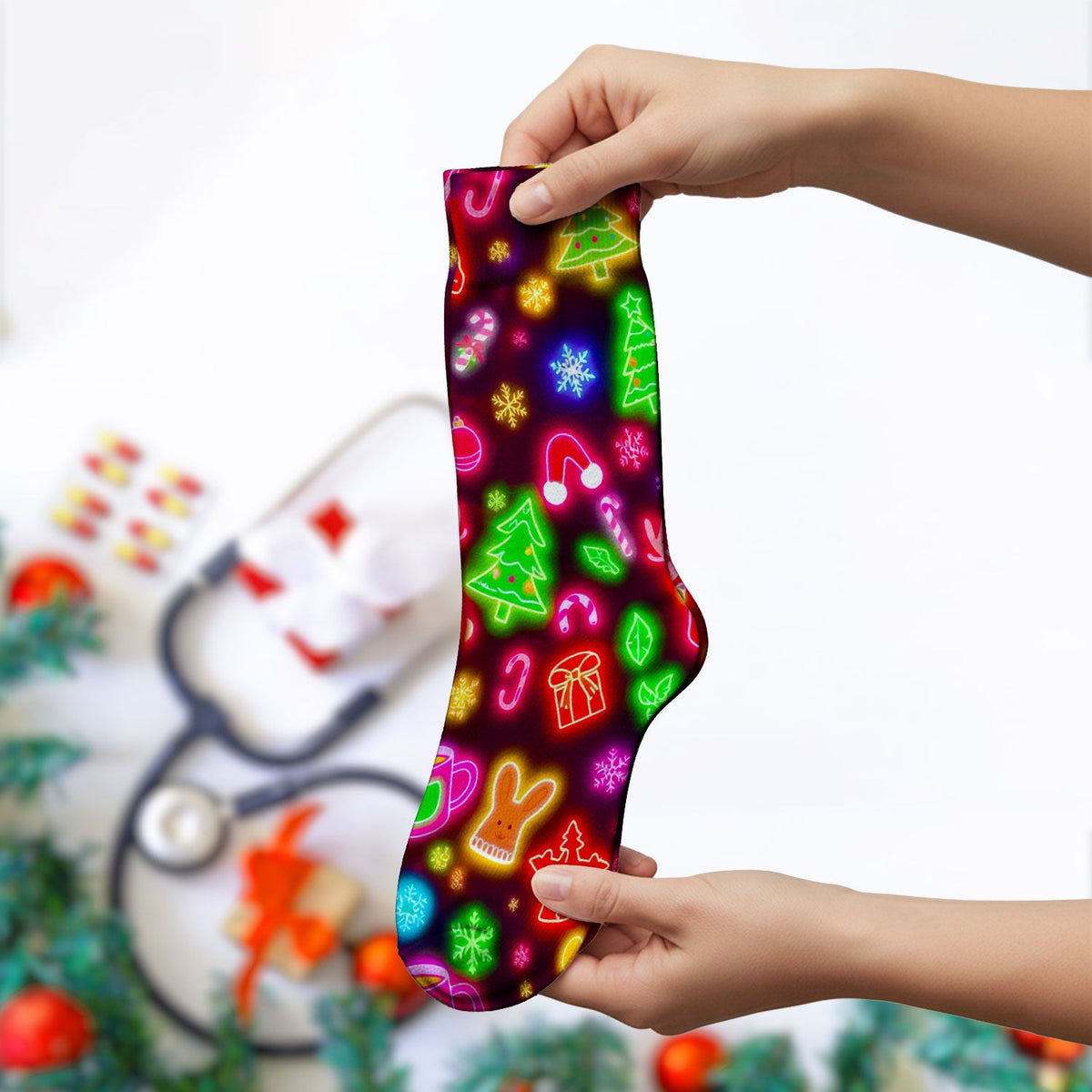 Neon Reindeer Nurse Socks