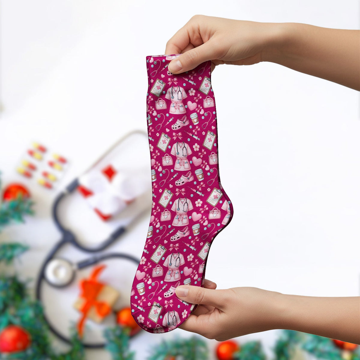 Valentine Pink Nurse Icons Socks