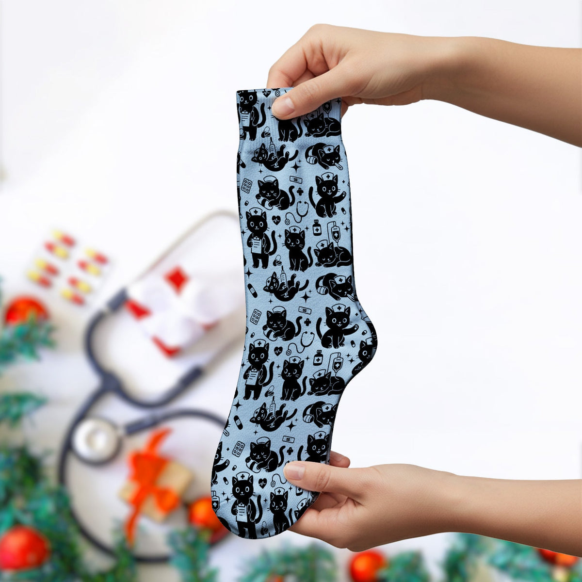 Cute White Black Cat Nurse Socks