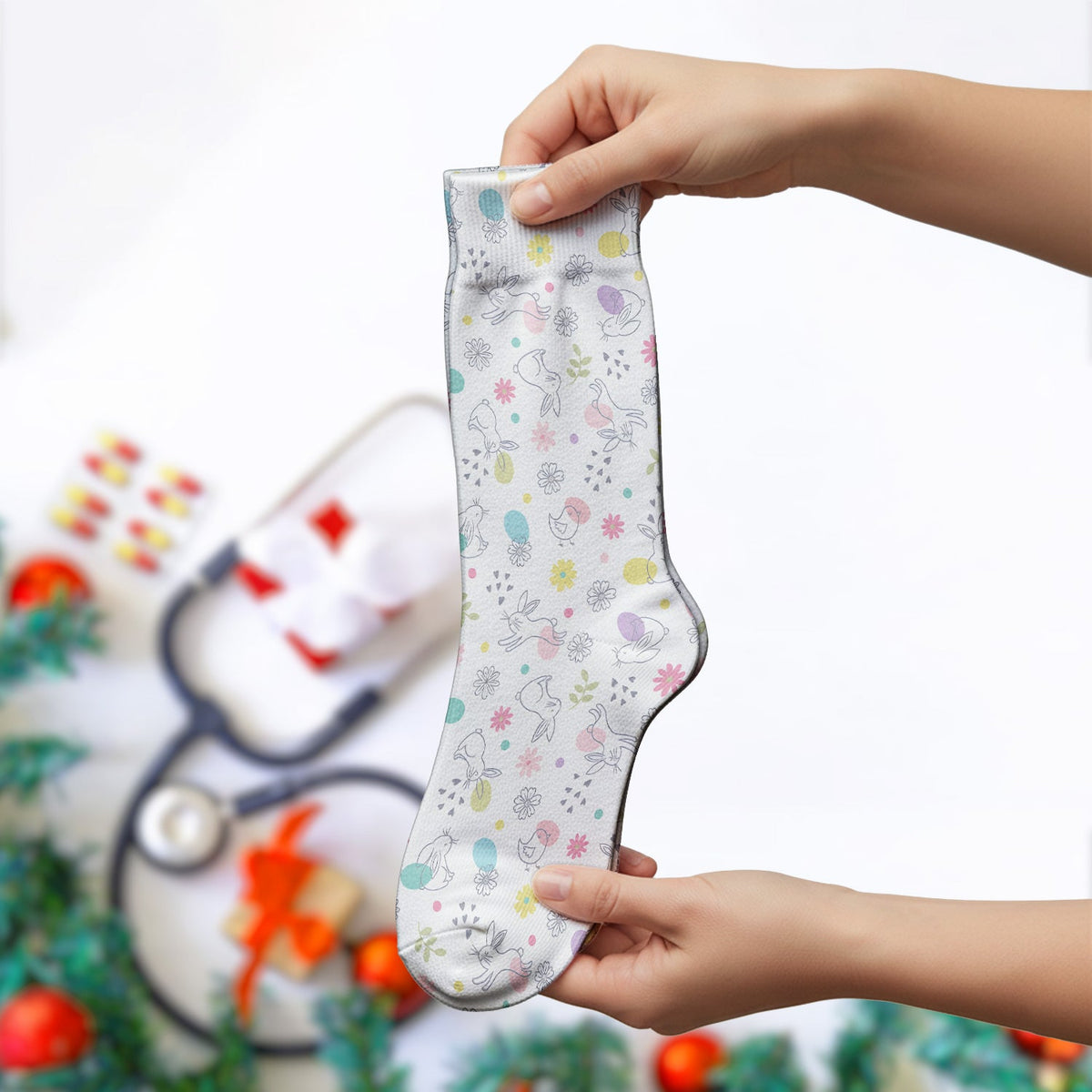 Whimsical Easter Bunny Eggs Nurse Socks