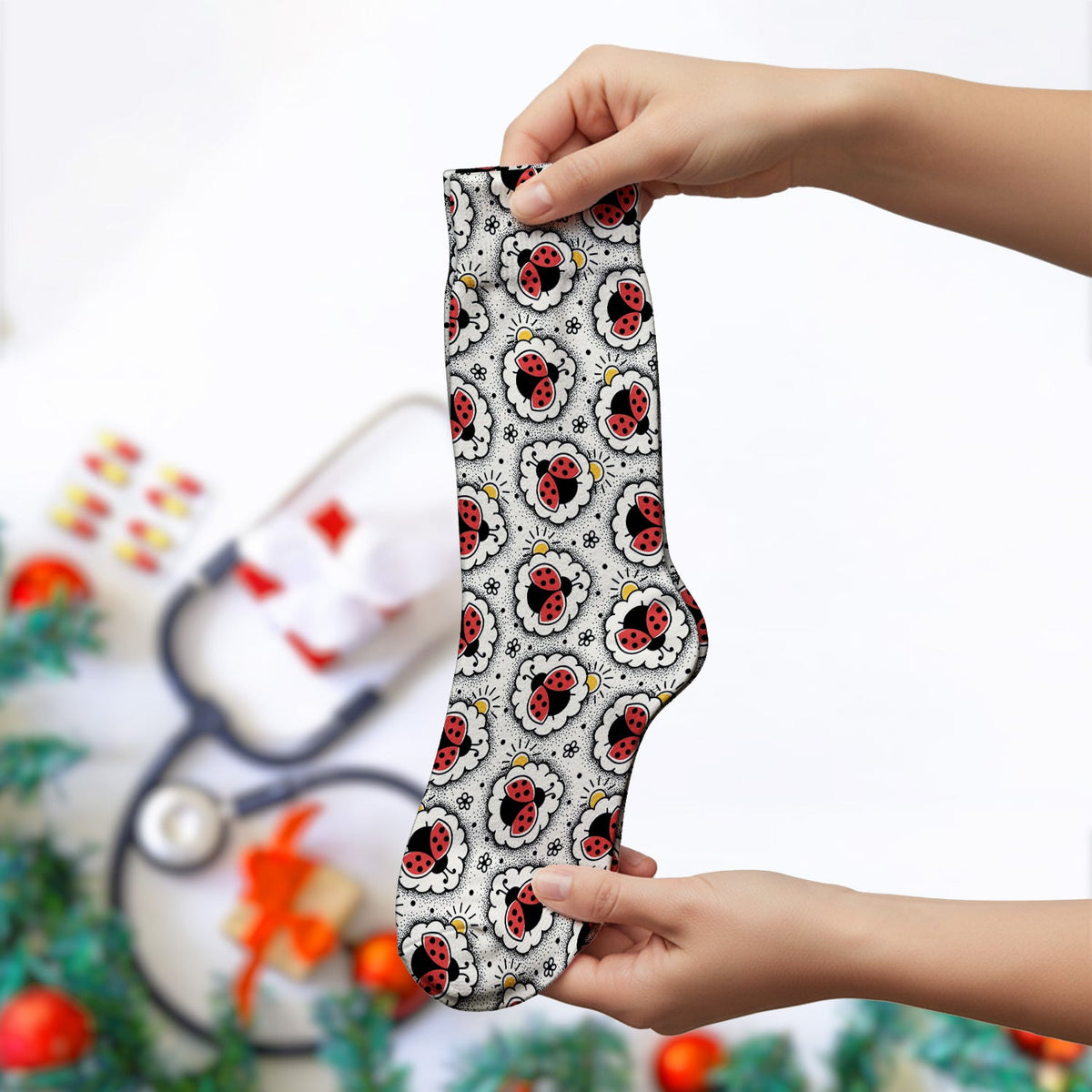 Ladybug Floral Frame Nurse Socks
