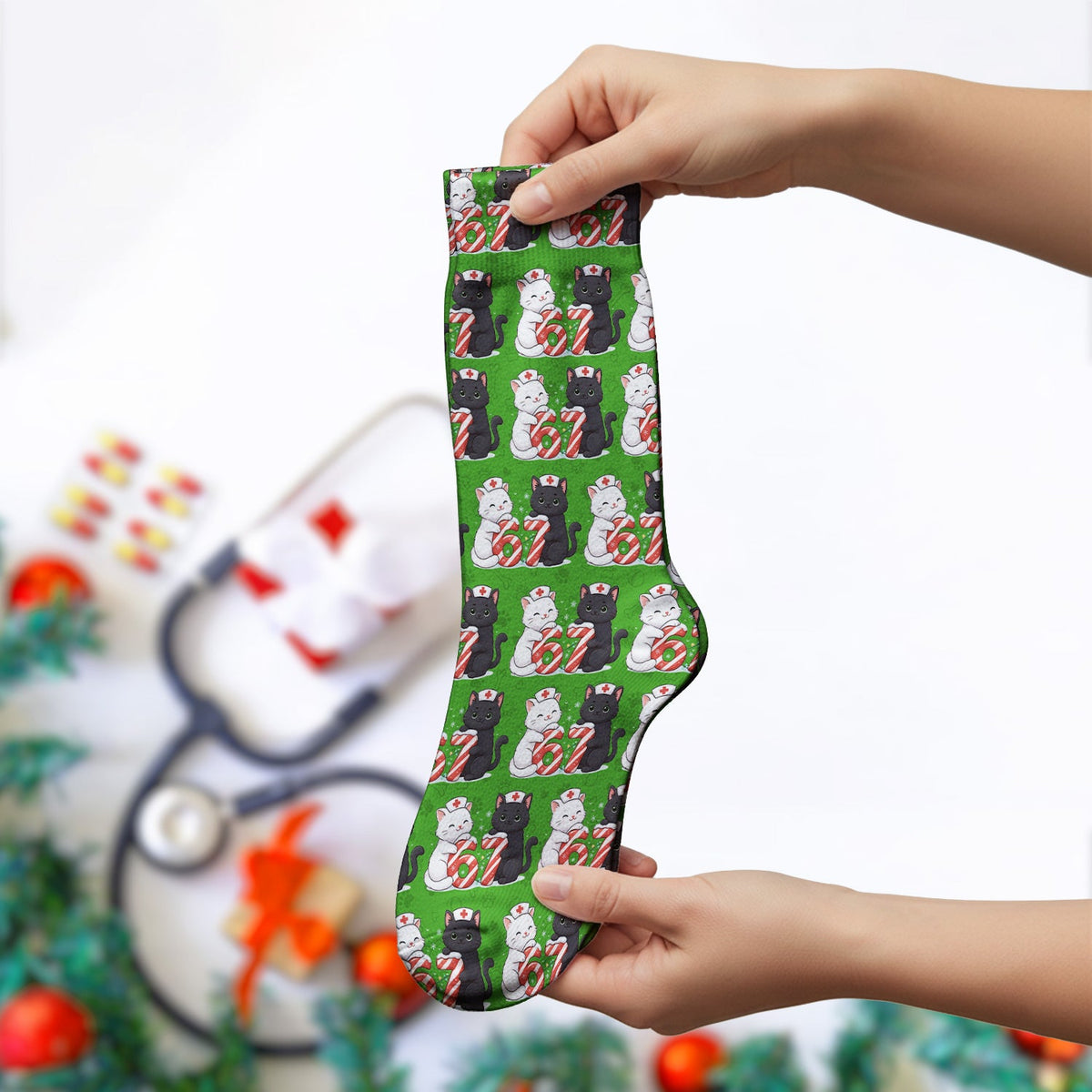 Xmas Cat Six Seven Nurse Socks