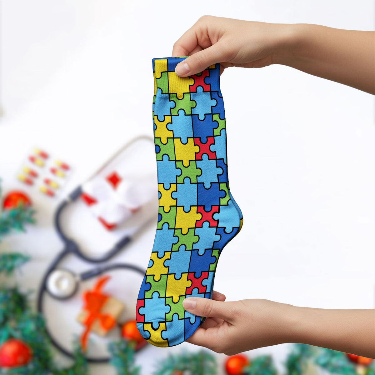 Autism Support Squad Puzzle Ribbon Nurse Socks