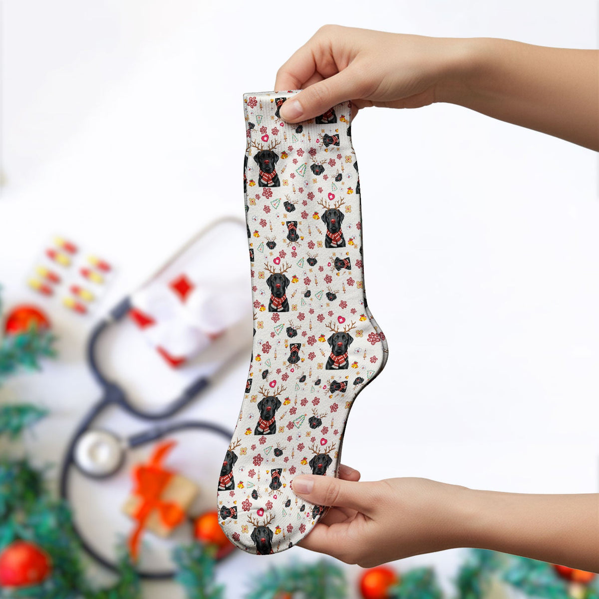 Black Lab Reindeer Christmas Nurse Socks - Gift For Dog Lover