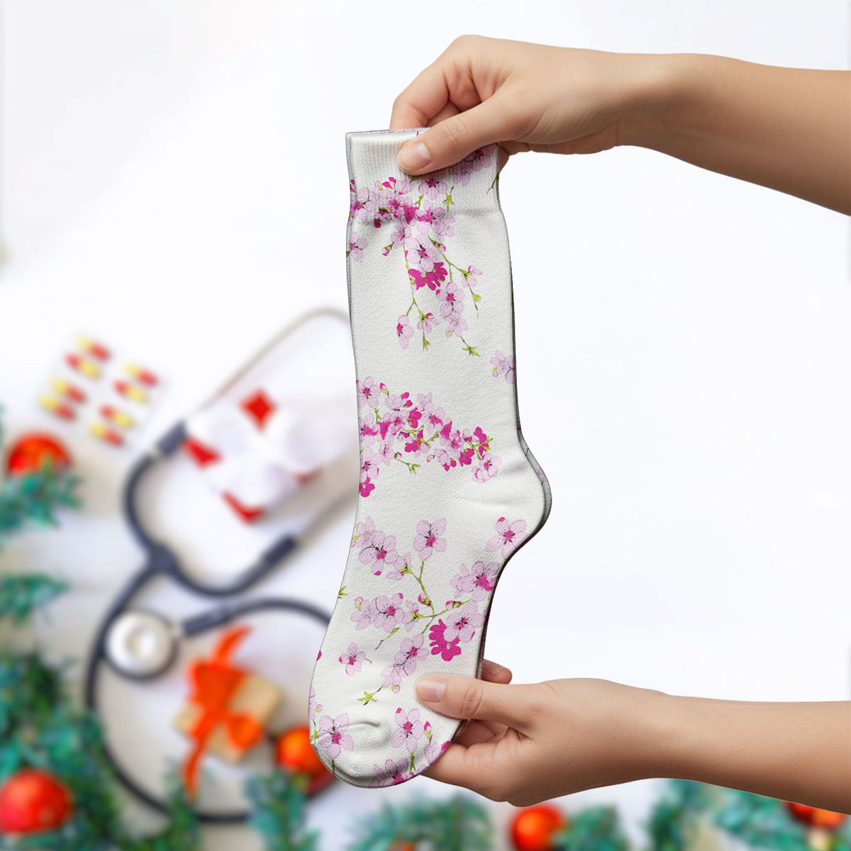 Elegant Cherry Blossom Nurse Socks