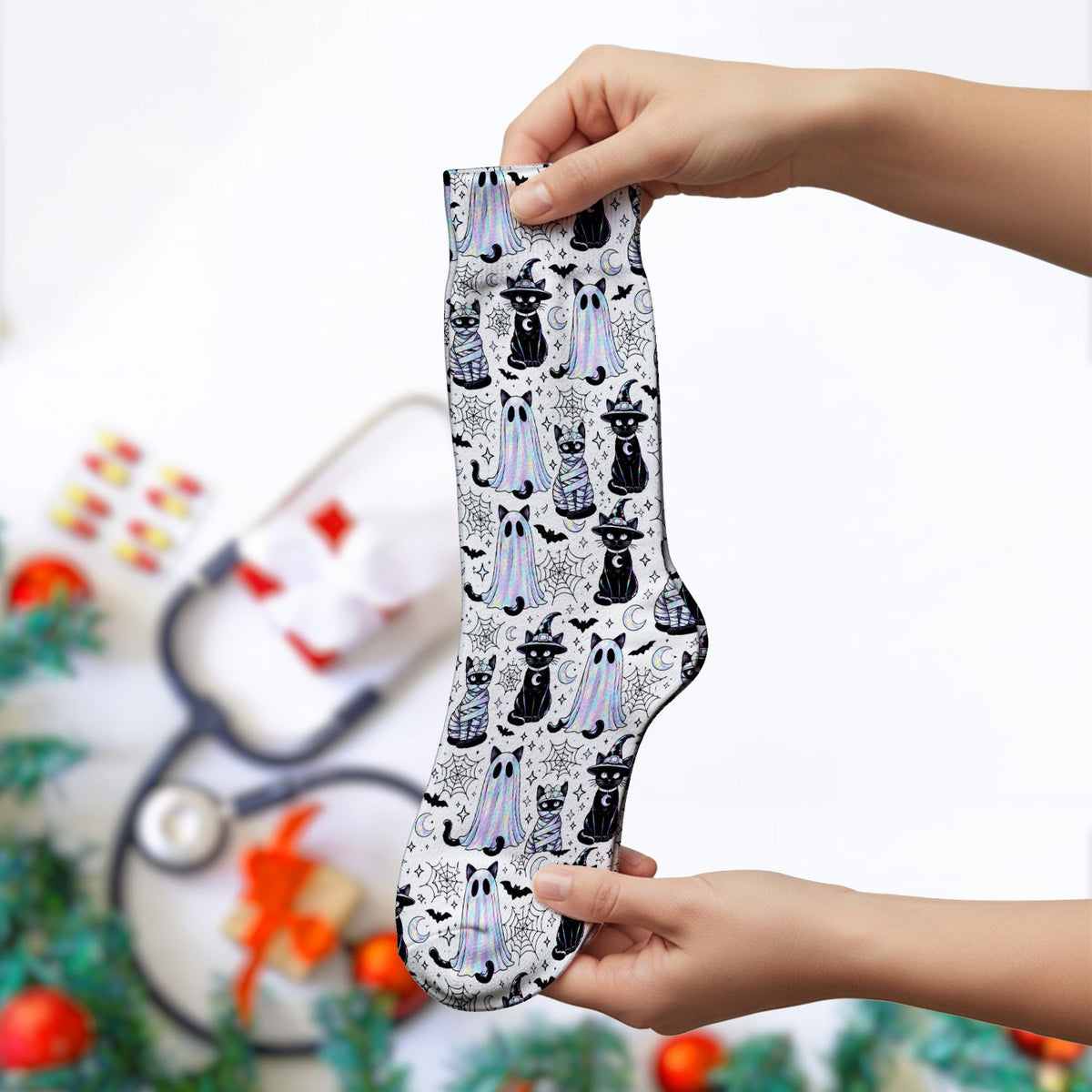 Ghost Witch Cat Nurse Socks - Halloween Gift