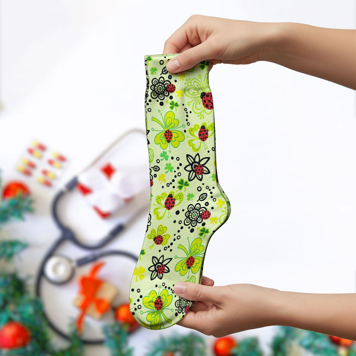 Ladybug Clover Floral Nurse Socks