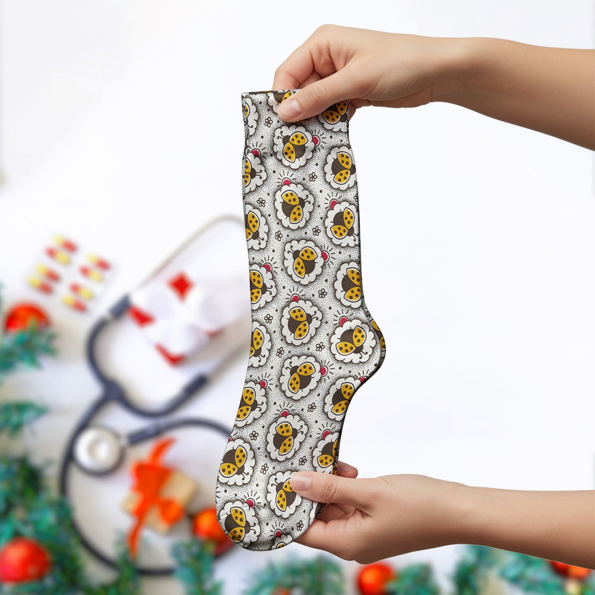 Ladybug Floral Frame Nurse Socks
