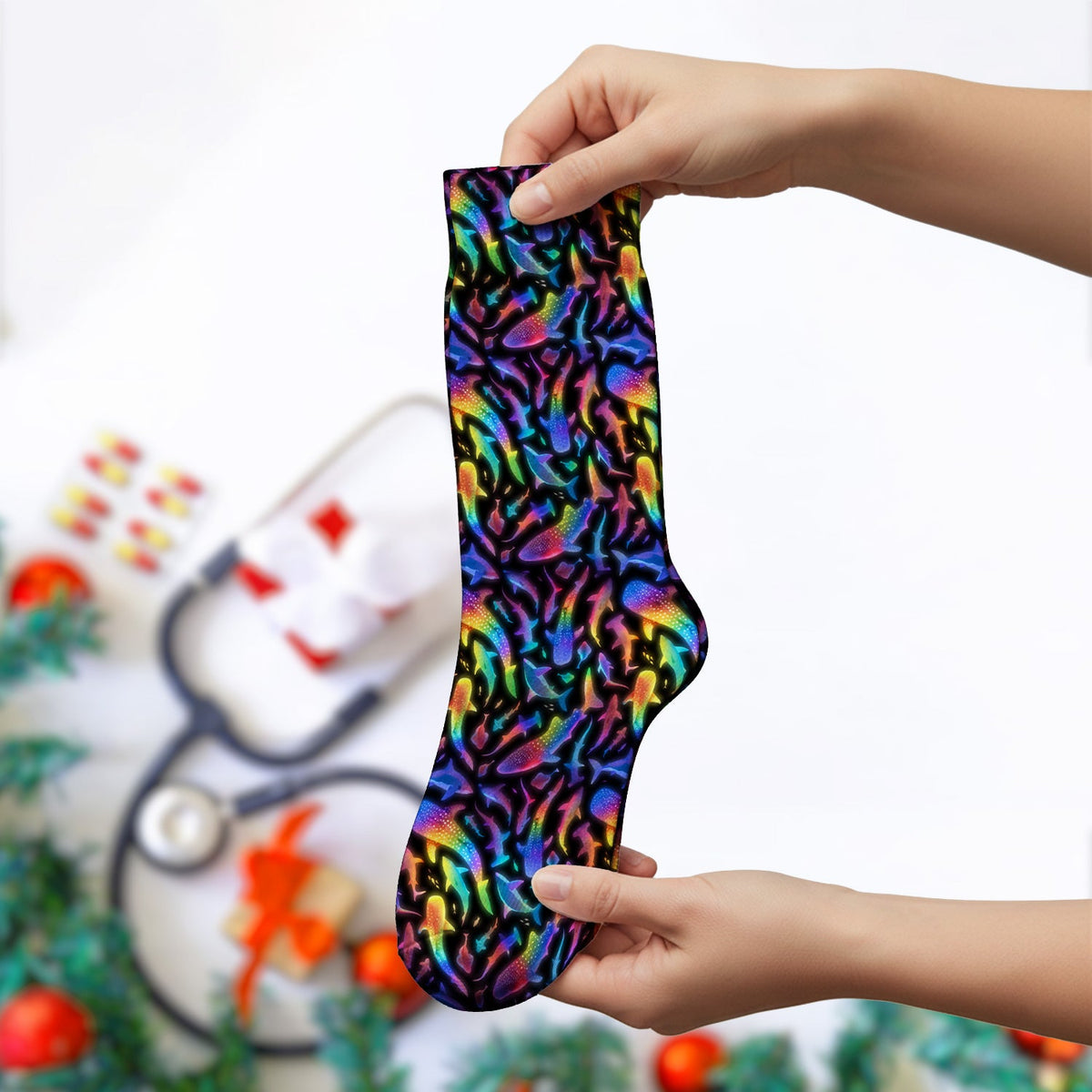 Vibrant Rainbow Shark Nurse Socks