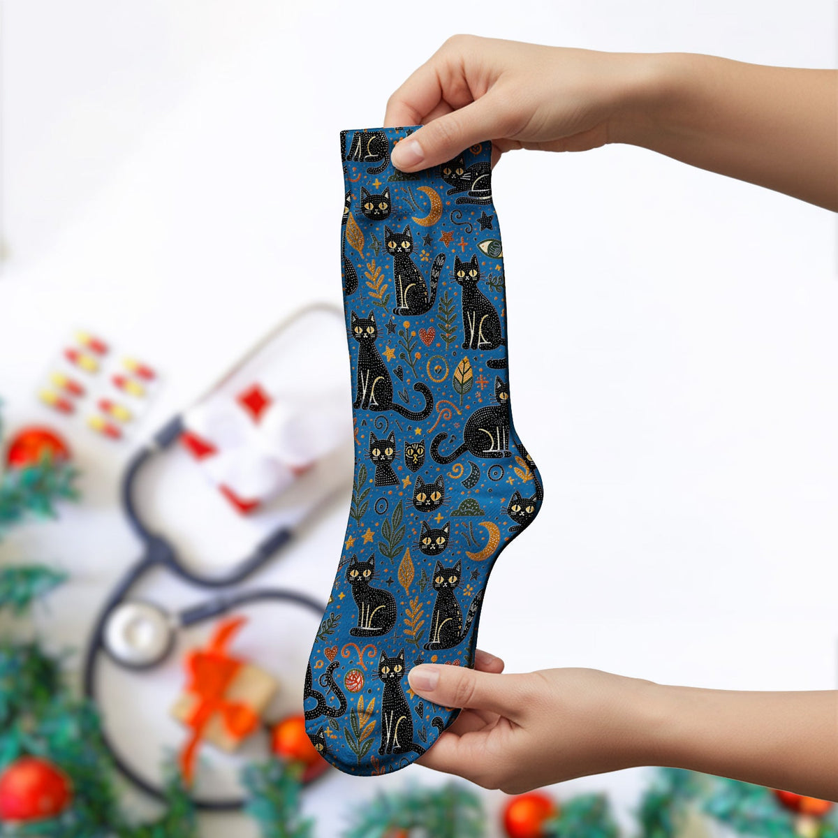 Mystic Black Cat Celestial Nurse Socks