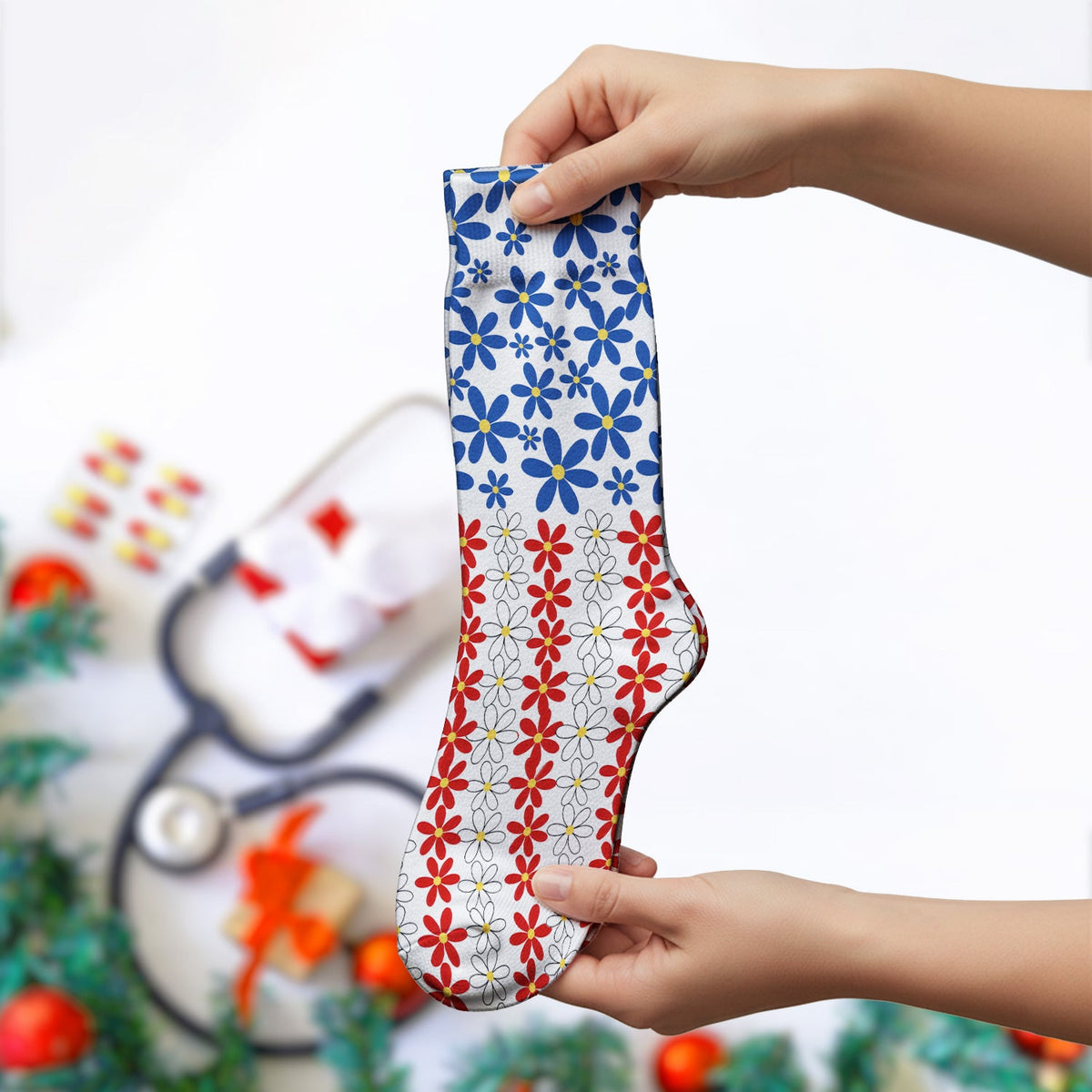 Retro Red Blue Daisy Nurse Socks
