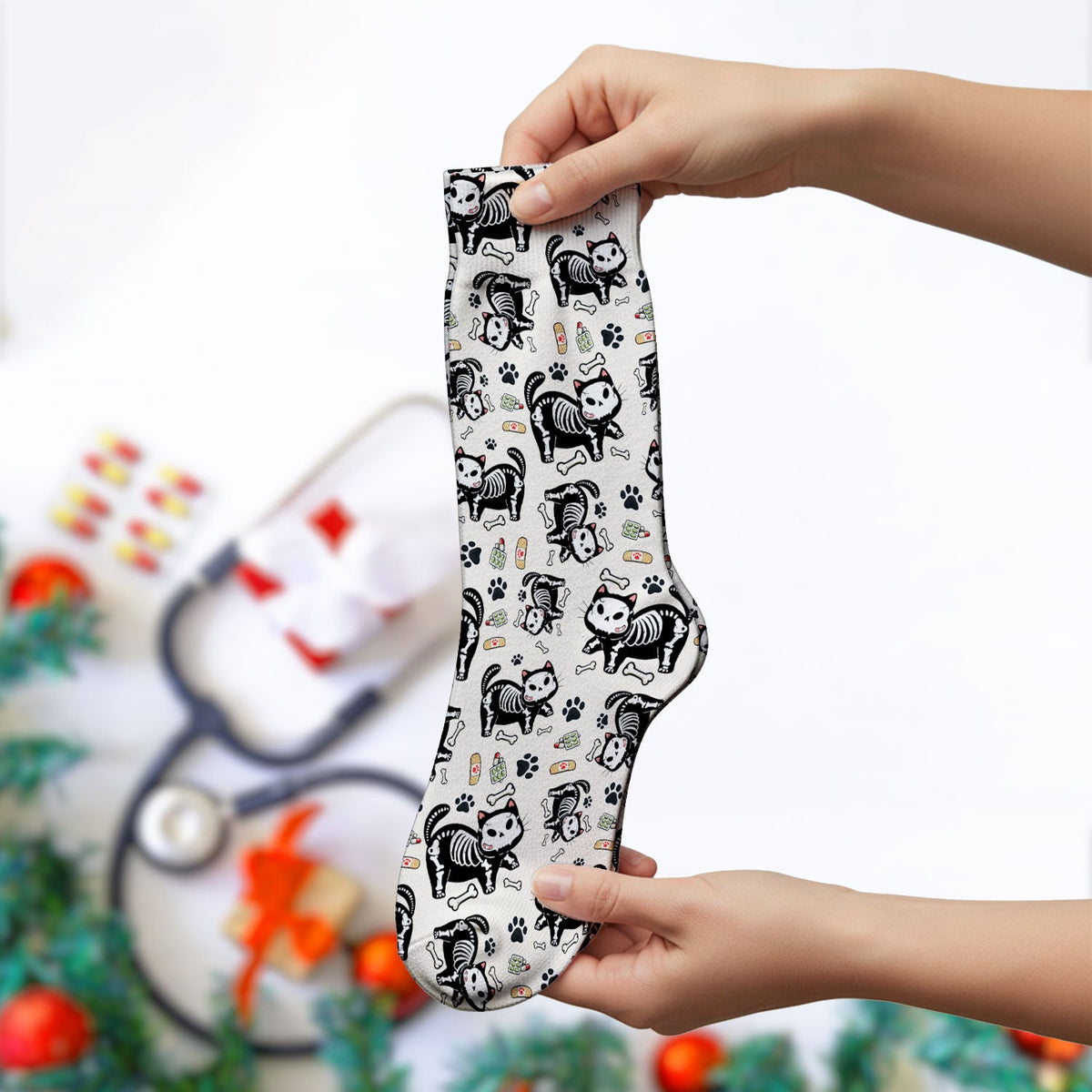 Skeleton Cat Medical Nurse Socks